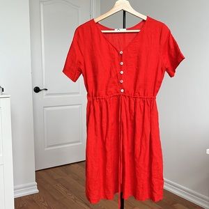 100% linen handmade red button front short sleeve cinch waist mini dress XS